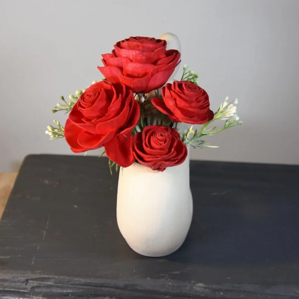 Sexy white curvy hearts vase with 4 red Sola wood roses that will last forever!